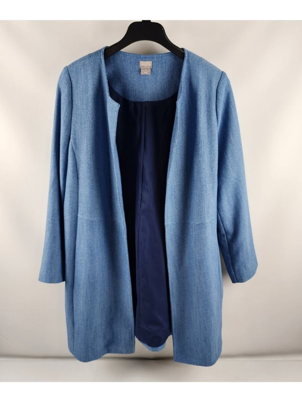 Chicos Jacket Womens 16/18 Blue Lined Open Front Micro Textured Collarless